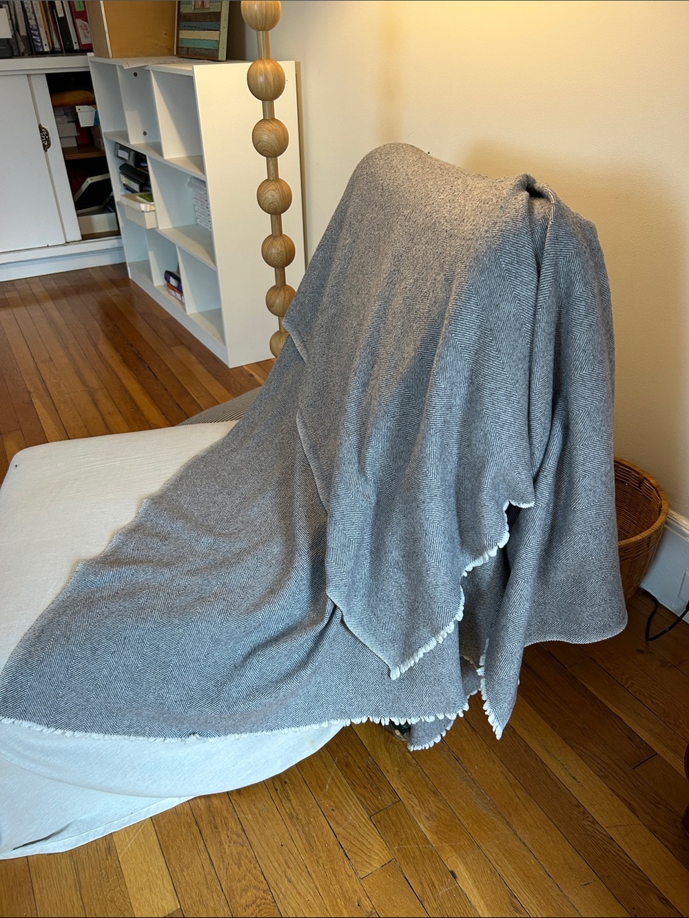 grey and  white  Pashmina Cashmere Herringbone Throw with Fringe like new